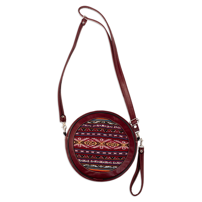 Leather sling, 'Round Cusco' - Brown Leather Sling with Andean Textile and Adjustable Strap