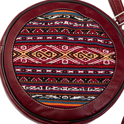 Leather sling, 'Round Cusco' - Brown Leather Sling with Andean Textile and Adjustable Strap
