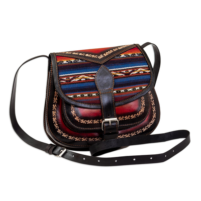 Leather sling, 'Andean Glory' - Black Leather Sling with Andean Textile and Adjustable Strap