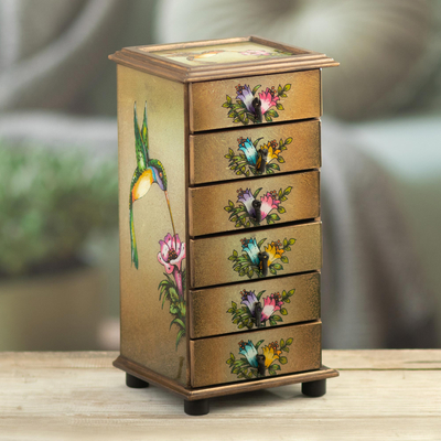 Reverse painted glass jewelry box, 'Flying Hummingbirds' - Hummingbirds Reverse Painted Glass Jewelry Box from Peru