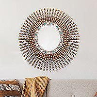 Wood wall mirror, 'Andean Sunshine' - Handcrafted Wood Wall Mirror with Bronze Leaf Accents