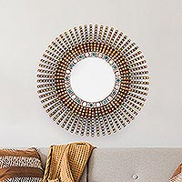 Wood wall mirror, 'Inti Blessing' - Handcrafted Wood Wall Mirror in Round Shape