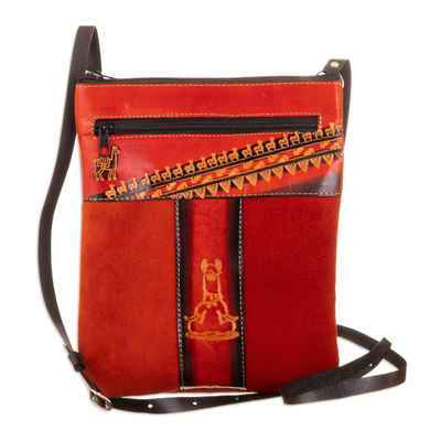 Leather accented suede sling, 'Fire Llama' - Leather Accented Suede Sling with Llama Motifs and Warm Hues