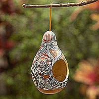 Dried gourd birdhouse, 'Garden Chant' - Handmade Dried Gourd Birdhouse with Andean and Bird Details