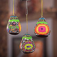 Gourd ornaments, 'Colorful Flight' (set of 3) - Handmade Gourd Ornaments with Birds and Flowers (Set of 3)
