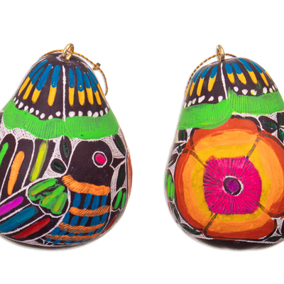 Gourd ornaments, 'Colorful Flight' (set of 3) - Handmade Gourd Ornaments with Birds and Flowers (Set of 3)