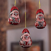 Gourd ornaments, 'Santa Friends' (set of 3) - Handcrafted Andean Gourd Ornaments with Santas (Set of 3)
