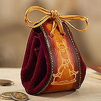 Leather and suede coin purse, 'Prosperous Llama' - Leather and Suede Llama Coin Purse with Tie Closure