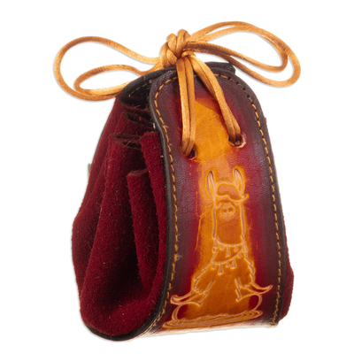 Leather and suede coin purse, 'Prosperous Llama' - Leather and Suede Llama Coin Purse with Tie Closure