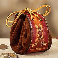Leather accented suede coin purse, 'Frugal Llama' - Brown Leather and Suede Llama Coin Purse with Tie Closure