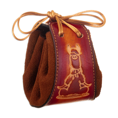 Brown Leather and Suede Llama Coin Purse with Tie Closure