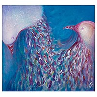 'Exploradores del océano' (2021) - Cuadro expresionista firmado de palomas y mar azul