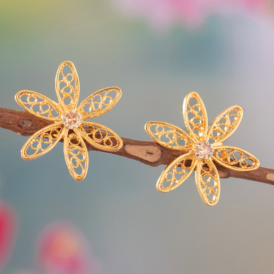 Gold-flashed filigree drop earrings, 'Floral Flare' - Gold-Flashed Filigree & Cubic Zirconia Flower Drop Earrings