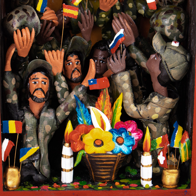 Wood and ceramic retablo, 'United for Peace' - Handcrafted Traditional Retablo of Soldiers Asking for Peace