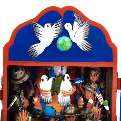 Wood and ceramic retablo, 'United for Peace' - Handcrafted Traditional Retablo of Soldiers Asking for Peace