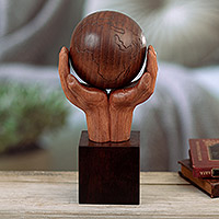 Wood sculpture, 'Hands and World' - Hand-Carved Cedar Wood Sculpture in Brown and Black