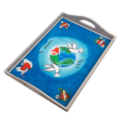 Reverse-painted glass tray, 'Peaceful Creation' - Handcrafted Peace Reverse-Painted Glass Tray in Blue