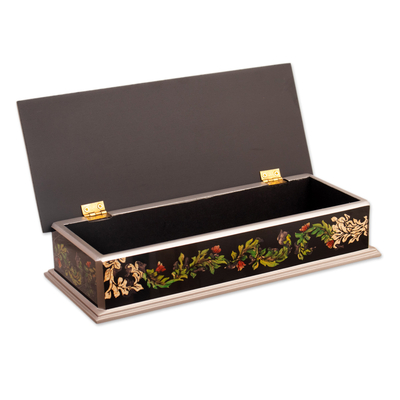 Reverse-painted glass decorative box, 'Courageous King' - Leafy Reverse-Painted Glass Decorative Box with Lion Theme