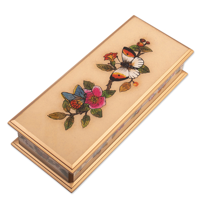 Reverse-painted glass decorative box, 'Floral Hope' - Floral Reverse-Painted Glass Decorative Box with Butterfly