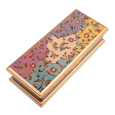 Reverse-painted glass decorative box, 'Sweet Beauty' - Reverse-Painted Glass Floral Decorative Box in Gold Tone