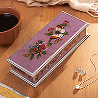 Caja decorativa de vidrio pintado al revés, 'Floral Transformation' - Caja decorativa de vidrio pintado al revés con flores y mariposas