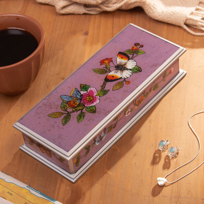 Caja decorativa de cristal pintado al revés - Caja Decorativa con Flores en Vidrio Pintado al Revés Mariposa