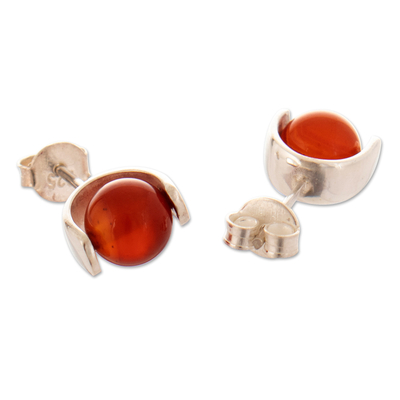 Carnelian stud earrings, 'Fire Dots' - Natural Carnelian & Sterling Silver Stud Earrings from Peru
