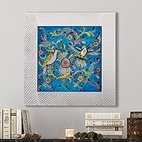 Reverse-painted glass wall art, 'Blue Doves' - Handmade Floral Reverse Painted Glass Wall Art from Peru