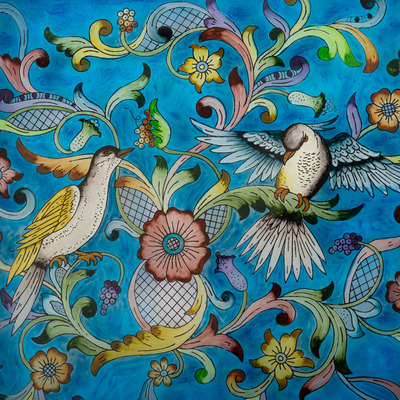 Reverse-painted glass wall art, 'Blue Doves' - Handmade Floral Reverse Painted Glass Wall Art from Peru