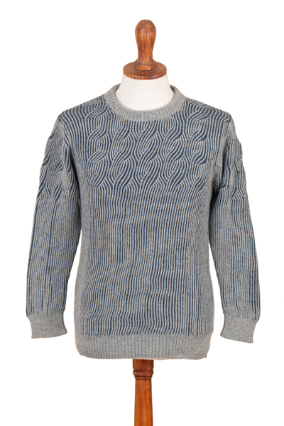 Men's 100% alpaca pullover sweater, 'Brioche' - Blue and Grey Men's 100% Alpaca Ribbed Knit Pullover Sweater