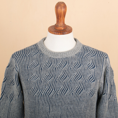 Jersey de hombre 100% alpaca - Suéter de punto acanalado 100% alpaca azul y gris para hombre