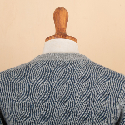 Jersey de hombre 100% alpaca - Suéter de punto acanalado 100% alpaca azul y gris para hombre