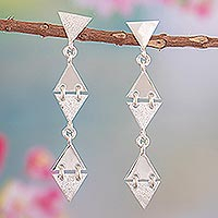 Sterling silver dangle earrings, 'Space Geometry' - Handcrafted Sterling Silver Modern Dangle Earrings