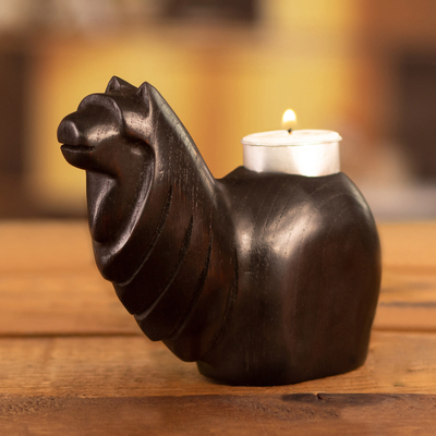 Wood tealight candleholder, 'Sacred Conopa' - Traditional Inca Cedar Wood Conopa Tealight Candleholder