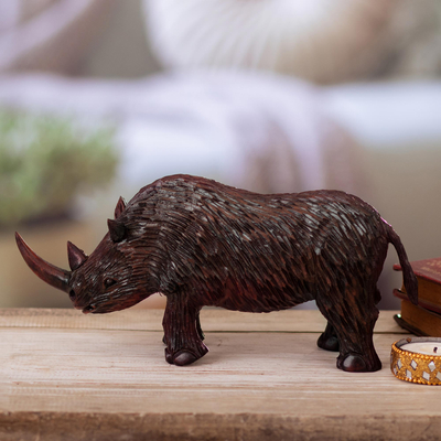 Wood sculpture, 'Winter Rhino' - Hand-Carved Cedar Wood Sculpture of Dark Brown Woolly Rhino