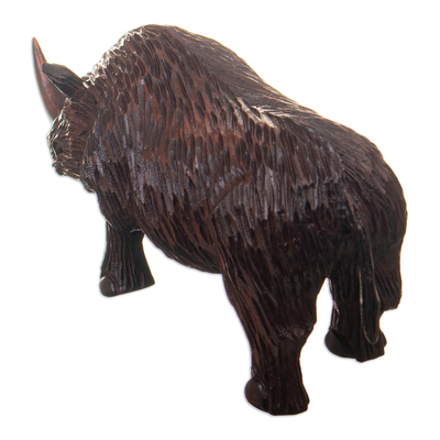 Wood sculpture, 'Winter Rhino' - Hand-Carved Cedar Wood Sculpture of Dark Brown Woolly Rhino