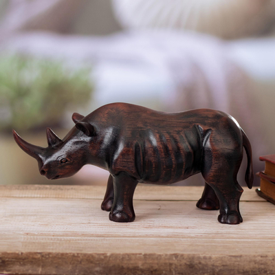 Wood sculpture, 'Ferocious Rhino' - Hand-Carved Cedar Wood Sculpture of Black Rhino