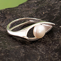 Cultured pearl single stone ring, 'Pearly Offering' - Handmade Sterling Silver Single Stone Ring with White Pearl