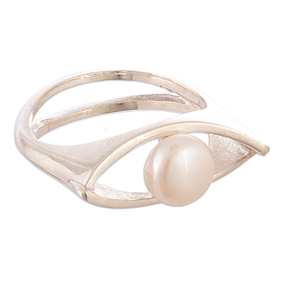 Cultured pearl single stone ring, 'Pearly Offering' - Handmade Sterling Silver Single Stone Ring with White Pearl