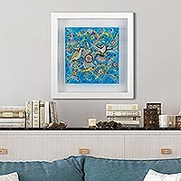 Reverse-painted glass wall art, 'Flight of Calm'