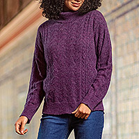 Baby alpaca blend pullover, 'Comfy' - Cable Knit Turtle Neck Baby Alpaca Blend Pullover in Purple