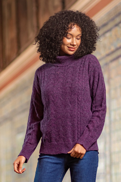 Cable Knit Turtle Neck Baby Alpaca Blend Pullover in Purple - Comfy