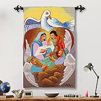 Tapiz de mezcla de alpaca con el tema de la paz mundial, 'Nacimiento de la fe' - Tapiz original de la escena de la natividad tejida a mano