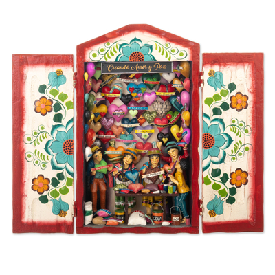 Ceramic retablo, 'Creating Love and Peace' - World Peace Project Ceramic & Wood Retablo from Peru