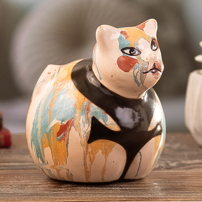 Keramikstatuette - Handgefertigte Katzenstatuette aus Keramik mit farbenfrohem Design