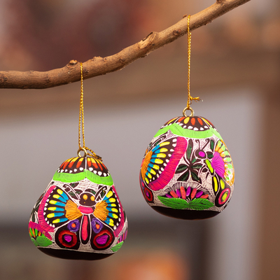 Gourd ornaments, 'Vibrant Hope' (pair) - Dried Gourd Ornaments with Colorful Butterfly Motifs (Pair)