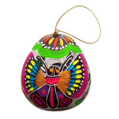 Gourd ornaments, 'Vibrant Hope' (pair) - Dried Gourd Ornaments with Colorful Butterfly Motifs (Pair)
