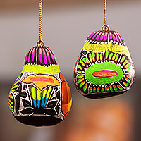Gourd ornaments, 'colourful Beauties' (pair) - colourful Gourd Ornaments with Bright Flowers Motifs