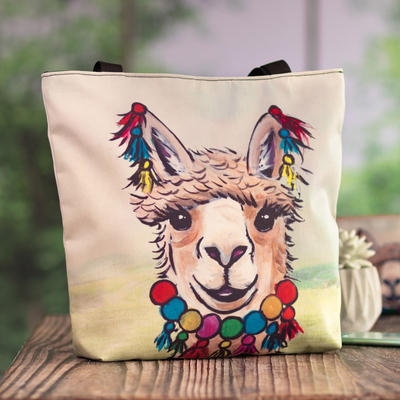 Printed tote bag, 'Smiley Llama' - Printed Llama Tote Bag with Zipper Closure and Black Straps