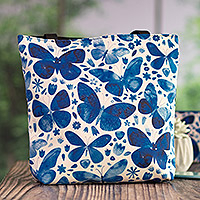 Printed tote bag, 'Fluttering Hope' - Printed Blue Butterfly Tote Bag with Zipper Closure